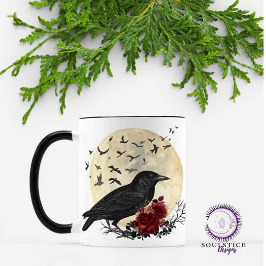 Raven Coffee Mug/Moon Cup 11 Oz White & Black Familiar Witchy Tea Spirit Animal Full