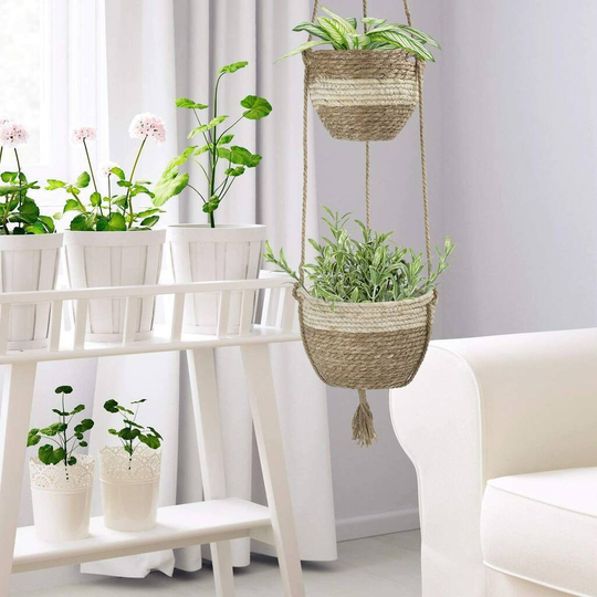 Two Tier Seagrass Basket Hanging Planters Indoor