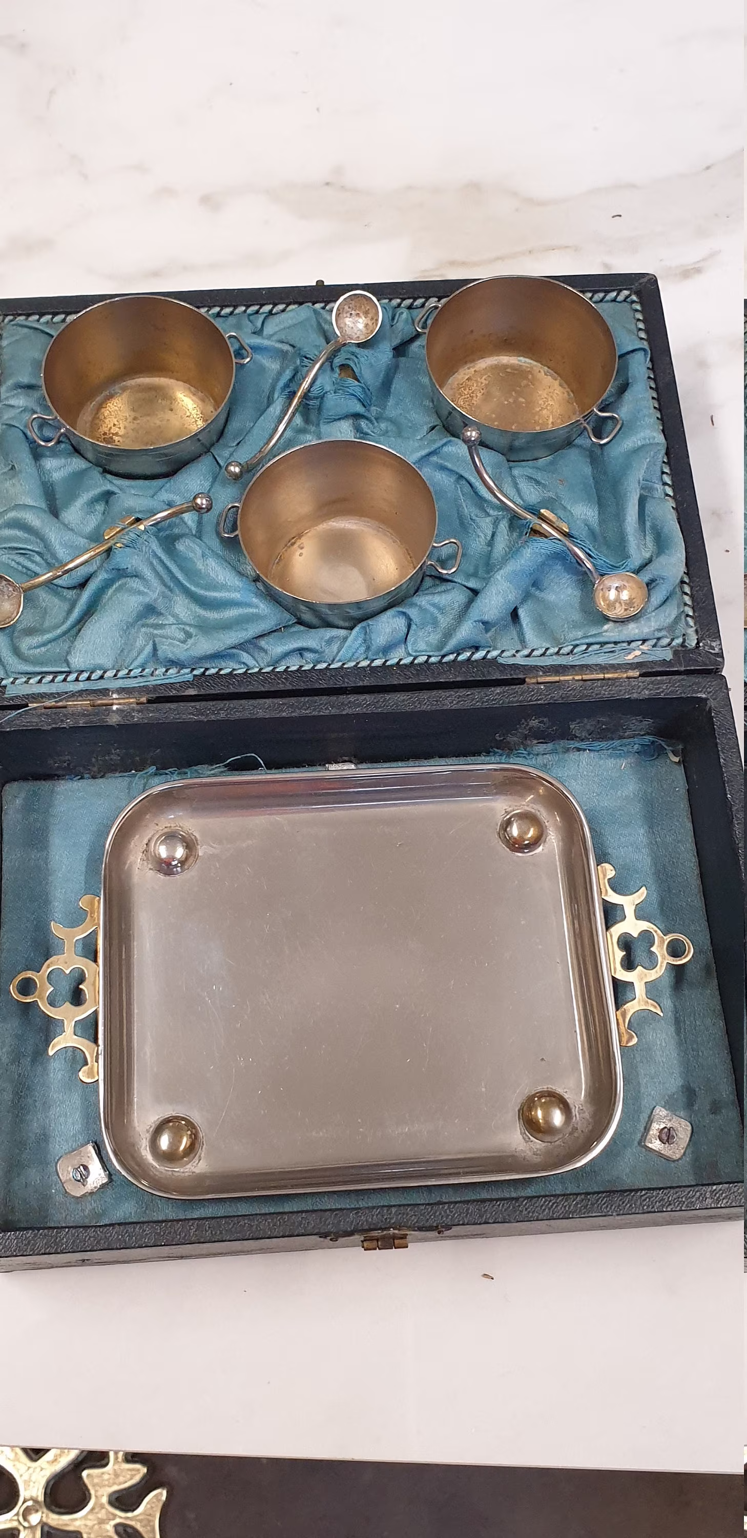 Antique Boxed Set Of 3 Table Top Salts With Spoons & Butter Dish