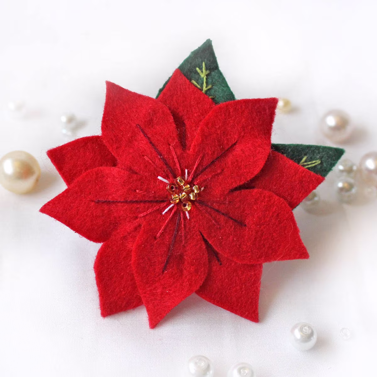 Red Poinsettia Christmas Brooch, Hand Embroidered Felt Flower Winter Coat Festive Season Holiday Jewelry