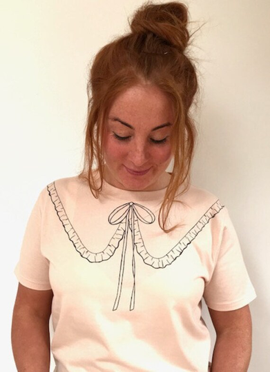 Statement Collar T-Shirt. Hand Painted Trompe L'oeil Style Frill Detail. 100% Organic Cotton Gots. 5 Colours Available