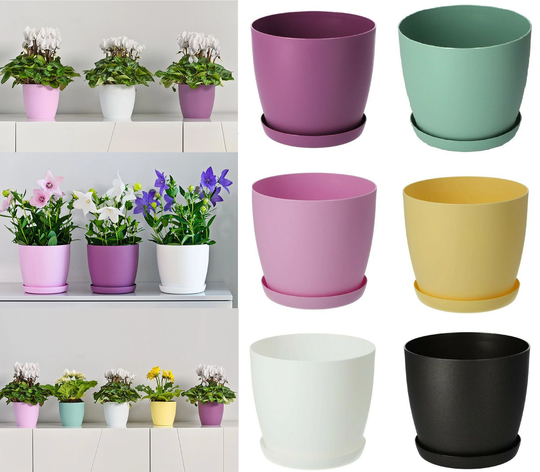 Flower Pots 6 Colours 8 Sizes Matt Plastic Plant Planter + Saucer Tray Deco