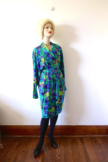1980S Electric Hibiscus Plaid Dress - Designer Vintage Silk Big Shoulder Power Office Sheath