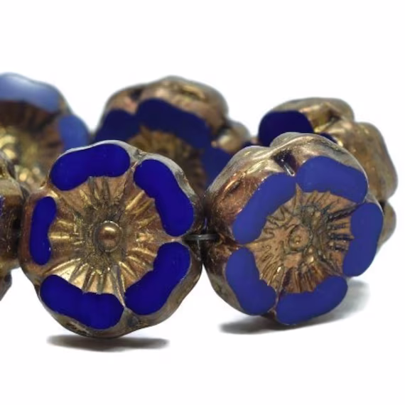Czech Glass Beads 12mm Hibiscus Flower Hawaiian Indigo With A Bronze Finish, 12
