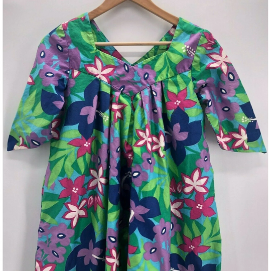 Vintage 60's Kehaulani Hawaiian Maxi Dress Floral Pocket Hibiscus Size Xs