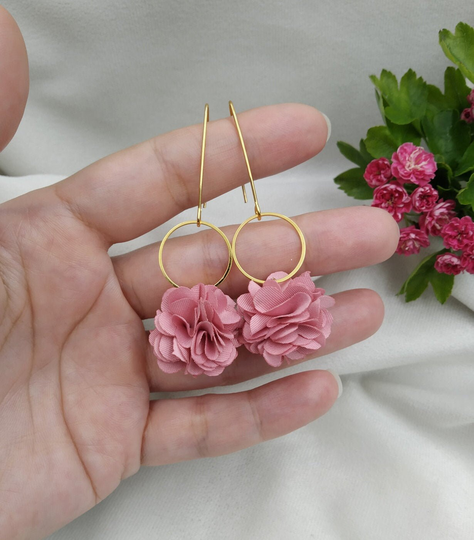 Powder Rose Earrings, Boho Chic Chiffon Flower Delicate Jewellery, Feather