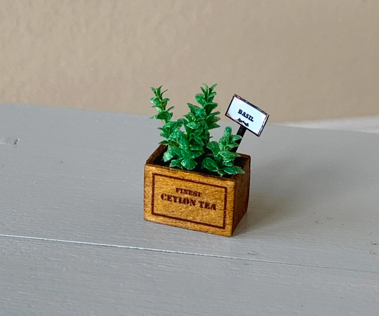 Dollhouse Miniature Basil Plant in Wooden Crate With