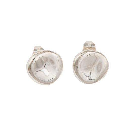 Sterling Silver Round Organic Concave Shaped Studs With Molten Puddle Shape